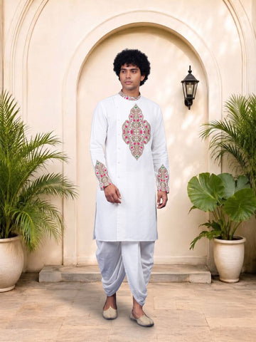 Men's White Cotton Kurta with Dhoti Set – Ethnic Print & Side Placket