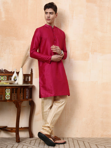 [DP] Men's Pink Solid Art Silk Kurta Set