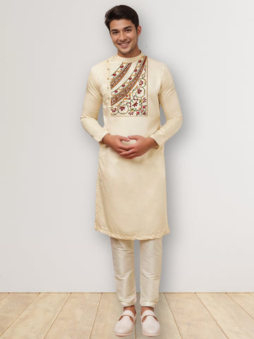 [MGSP-B] Men's Beige Ethnic Print Side Placket Cotton Kurta Set