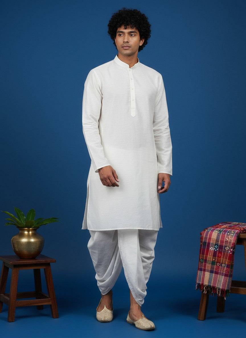 Men's White Cotton Kurta with Dhoti Set – Solid & Side Placket