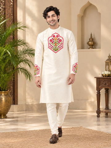 Men's Off-White Art Silk Kurta Pyjama Set – Ethnic Print & Side Placket