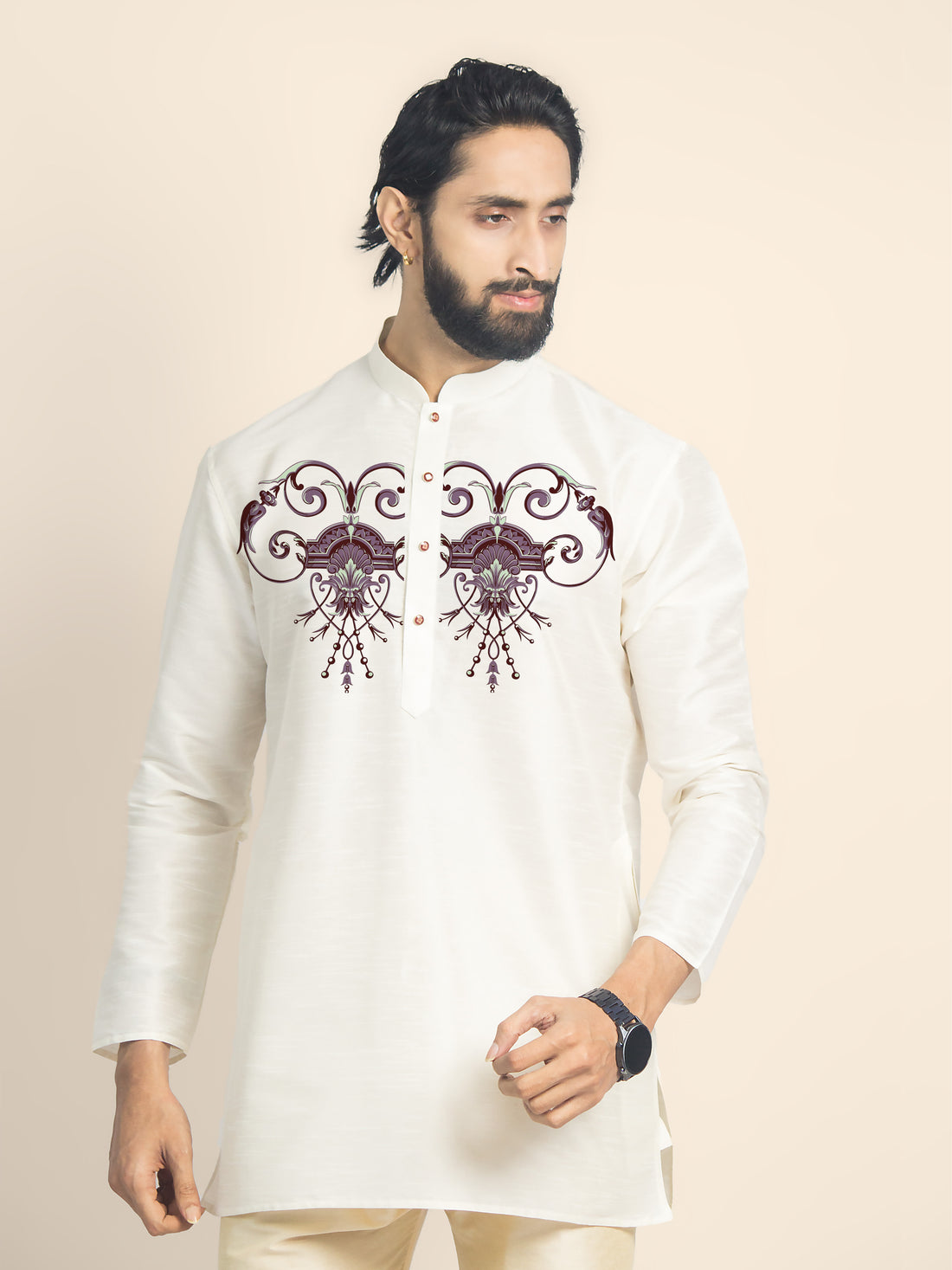 Mens Off White Printed Short Kurta