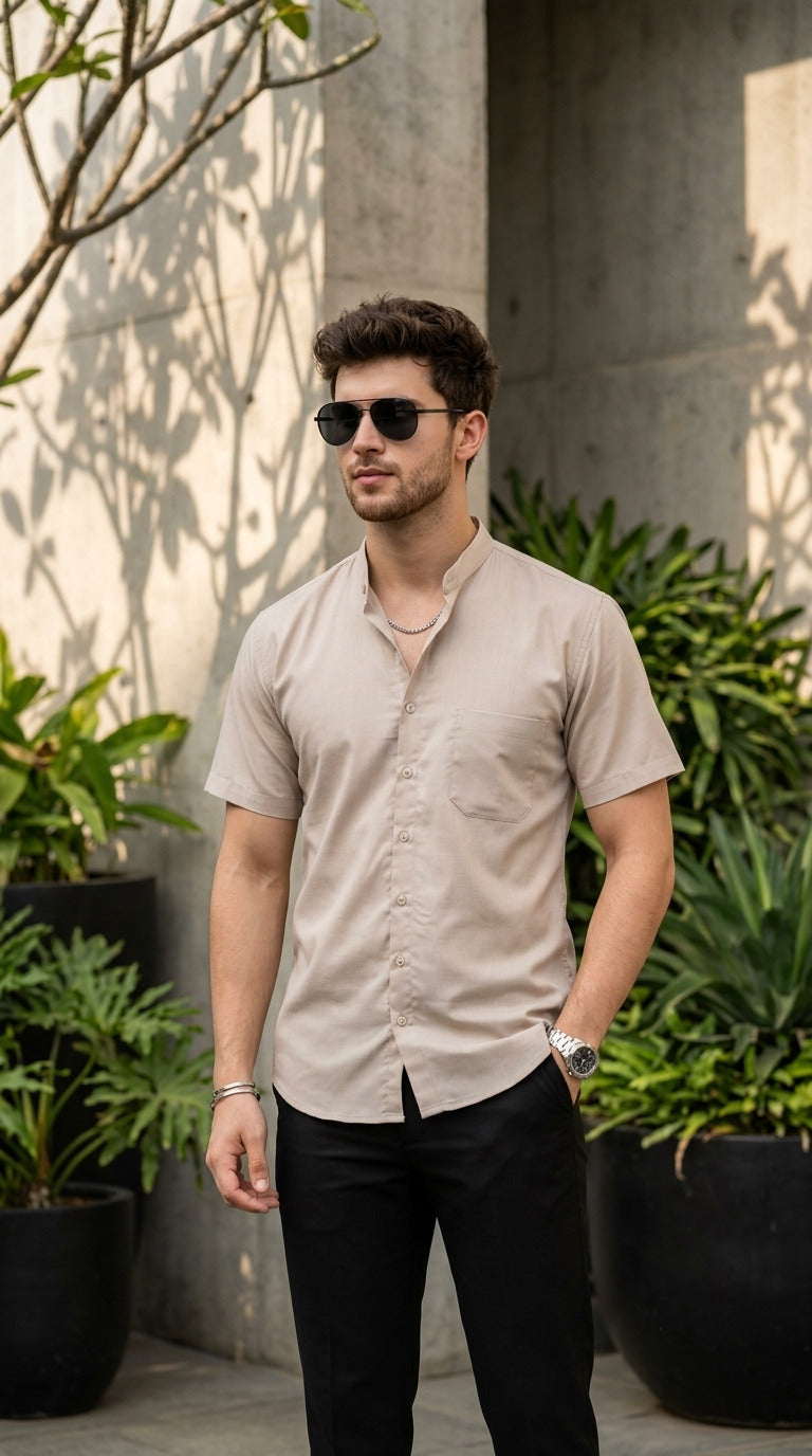 [DS-C-MG] Men's Beige chinese collar Cotton Shirt