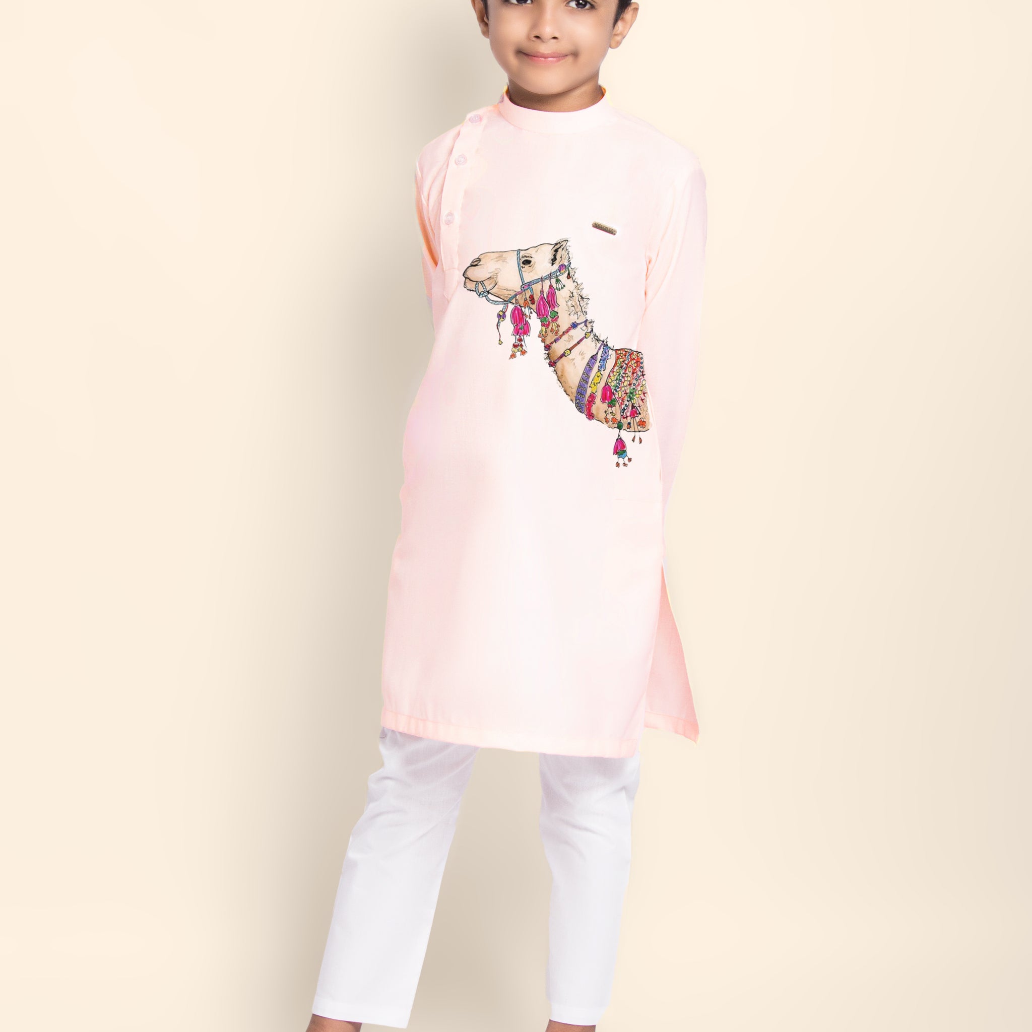 Boys Pink Printed Kurta With Pyjama