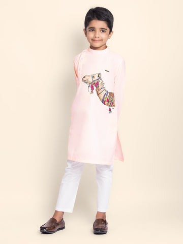 Boys Pink Printed Kurta With Pyjama