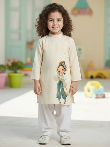 [DGKS-MGSP-B] Girls Beige Ethnic Motifs Printed Cotton Kurti Set