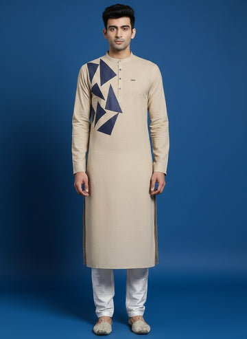 Men's Beige Cotton Kurta Set – Ethnic Print & Side Placket