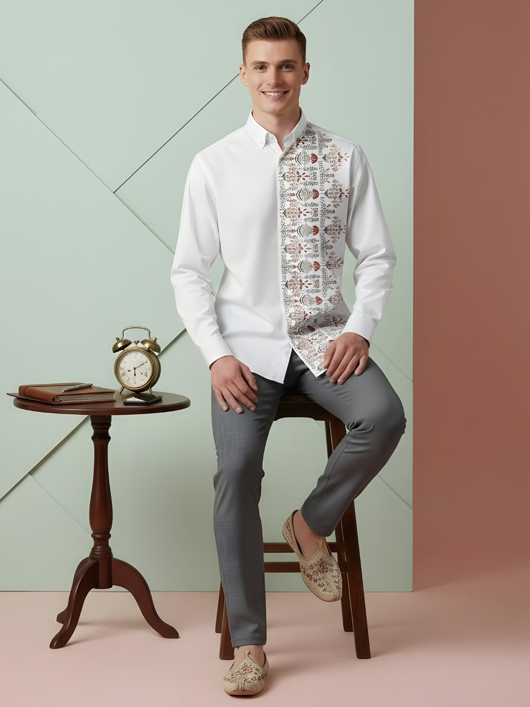 [DS-MGSP] Men's White Ethnic Printed Cotton Shirt
