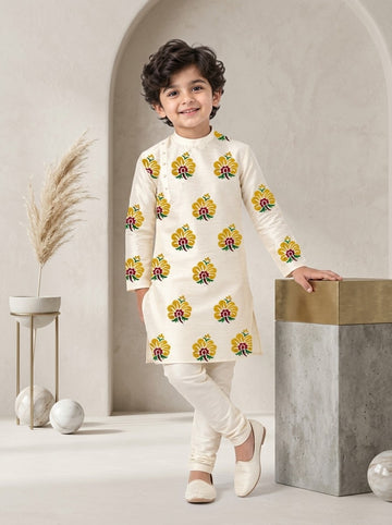 Boy's Off-White Art Silk Kurta Pyjama Set – Ethnic Print & Side Placket