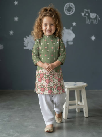 [DGKS-MGSP] Girls Multi Color Ethnic Motifs Printed Cotton Kurti Set
