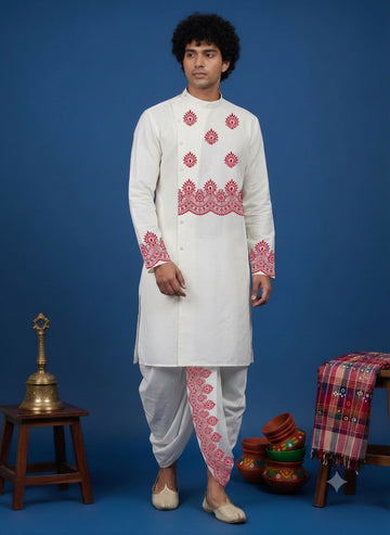 Men's White Cotton Kurta with Dhoti Set – Ethnic Print & Side Placket
