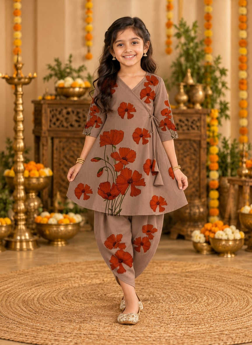 Girls' Brown Cotton Kurti with Tulip pant Set – Printed
