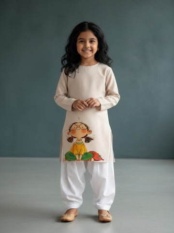 [DGKS-MGSP-RN] Girls Beige Ethnic Motifs Printed Cotton Kurti Set