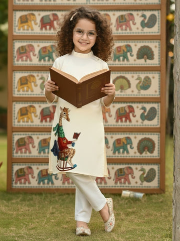 [DGKS-MGSP-B] Girls Beige Ethnic motifs Printed Cotton Kurti Set