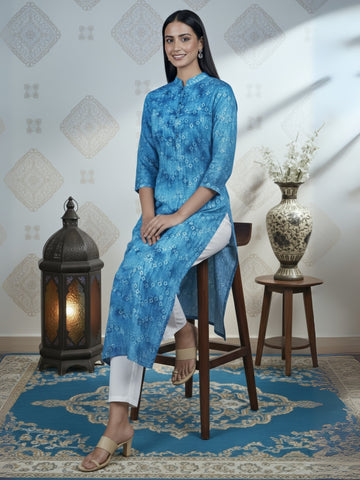 [DWKS-BN] Women Blue Bandhani Printed Cotton Kurti Set