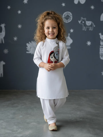 [DGKS-MGSP-B] Girls White Ethnic Motifs Printed Cotton Kurti Set
