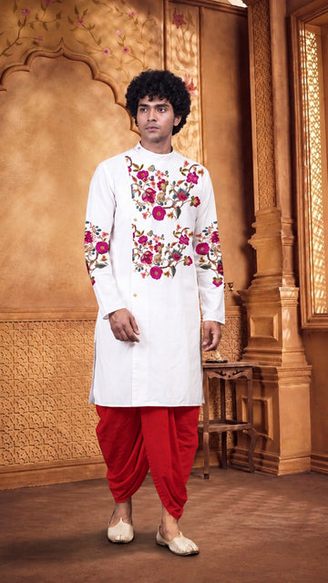 Men's White Cotton Kurta with Dhoti Set – Ethnic Print & Side Placket