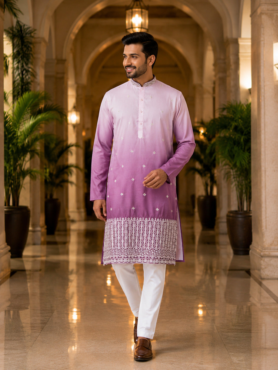 [NW] Men's Purple Embroidered Cotton Silk Kurta Set