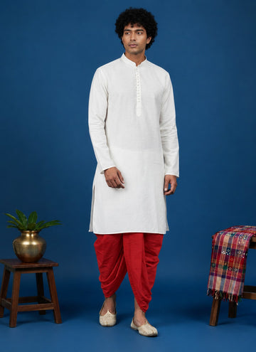 Men's White Cotton Kurta with Dhoti Set – Solid & Side Placket