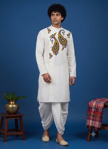 Men's White Cotton Kurta with Dhoti Set – Ethnic Print & Side Placket