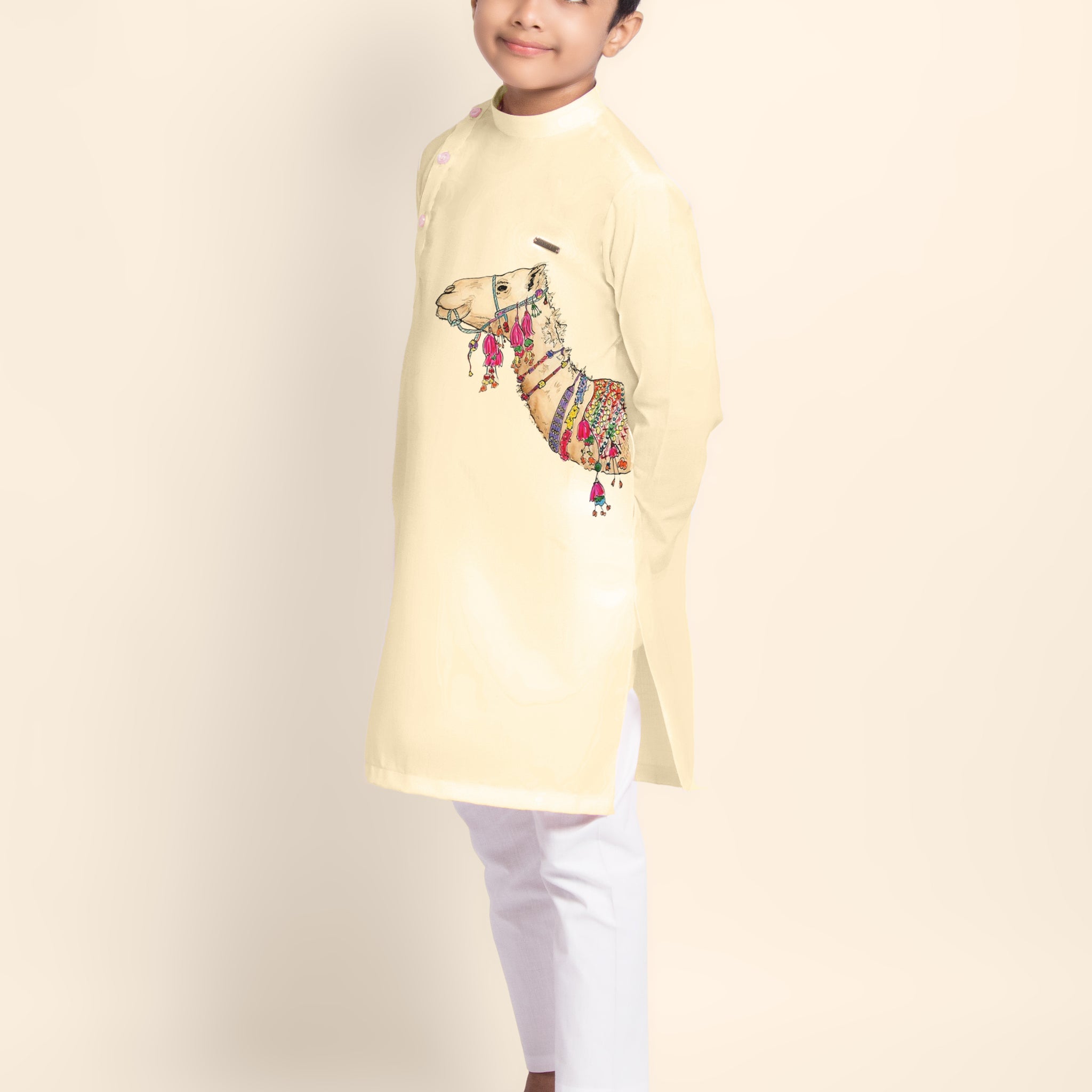 Boys Beige Printed Kurta With Pyjama