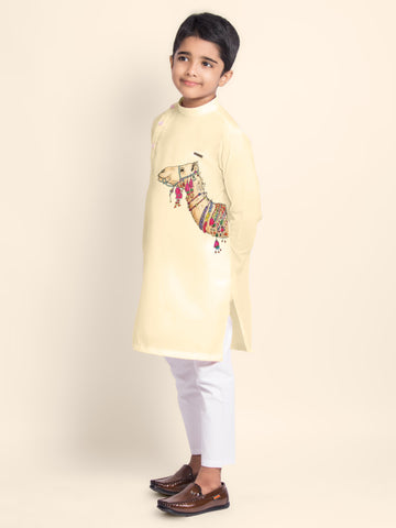 Boys Beige Printed Kurta With Pyjama
