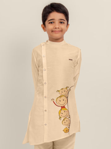 Boys Beige Printed Dupion Silk Kurta Set