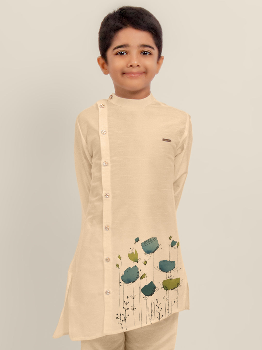 Boys Beige Printed Dupion Silk Kurta Set