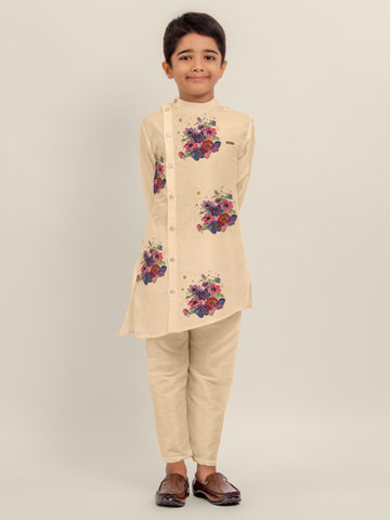 Boys Beige Printed Dupion Silk Kurta Set