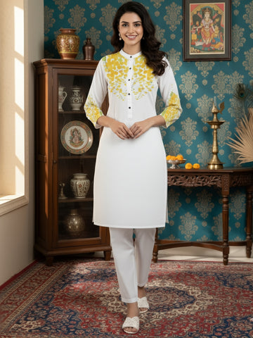 [DWKS-MGSP] Women White Ethnic Motifs Printed Cotton Kurti Set