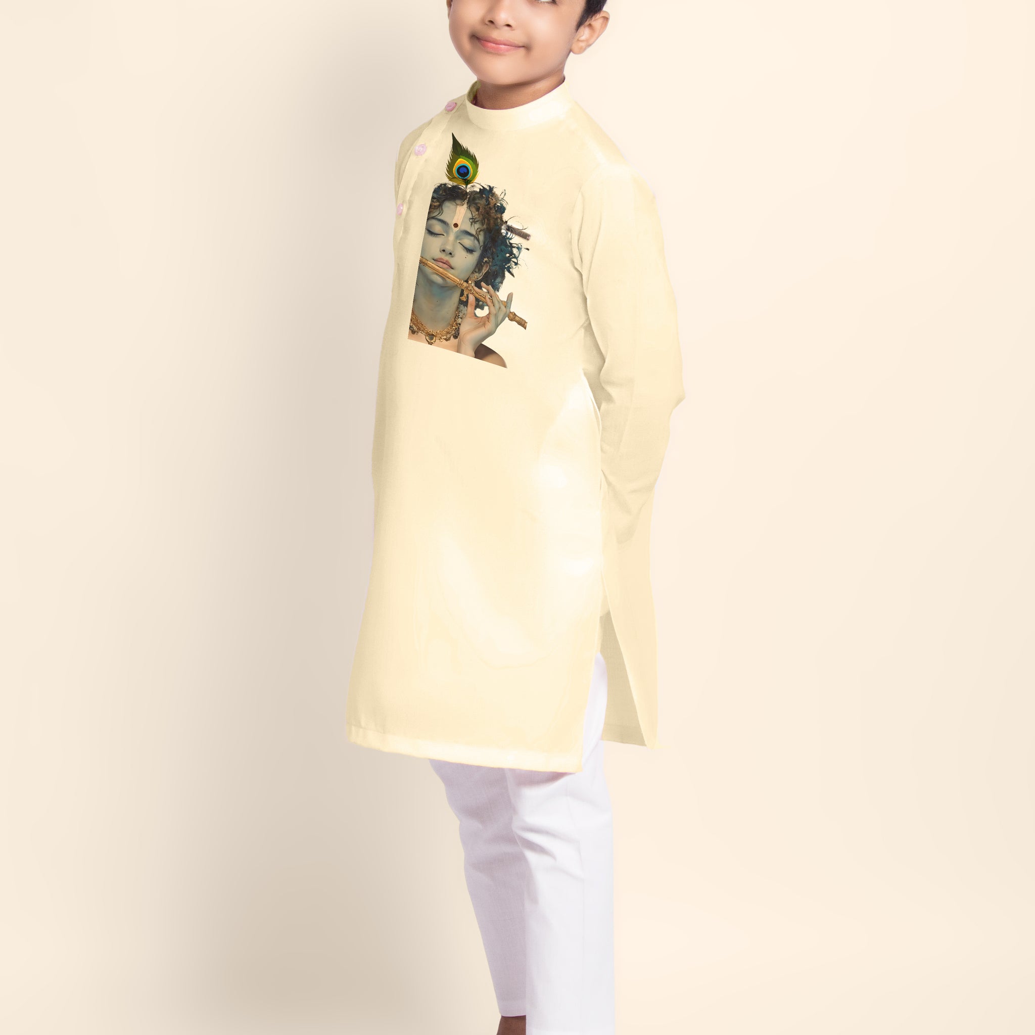 Boys Light Yellow Cotton Kurta Pyjama with Lord Krishna Print