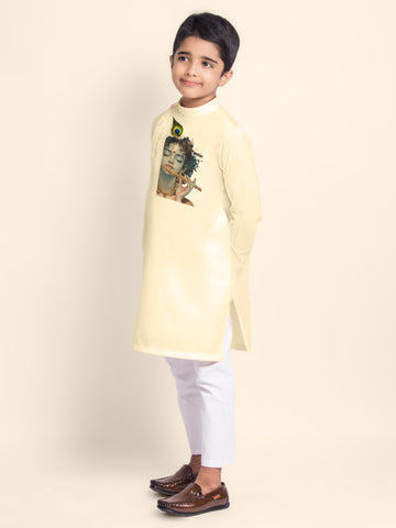 Boys Light Yellow Cotton Kurta Pyjama with Lord Krishna Print