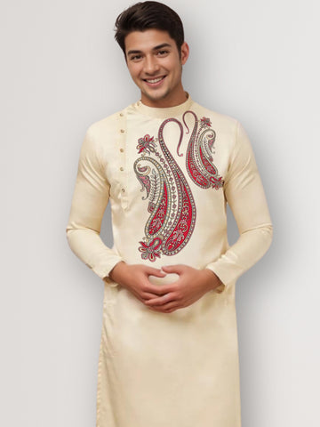 Mens Beige Side Placket Printed Kurta With Pyjama Set