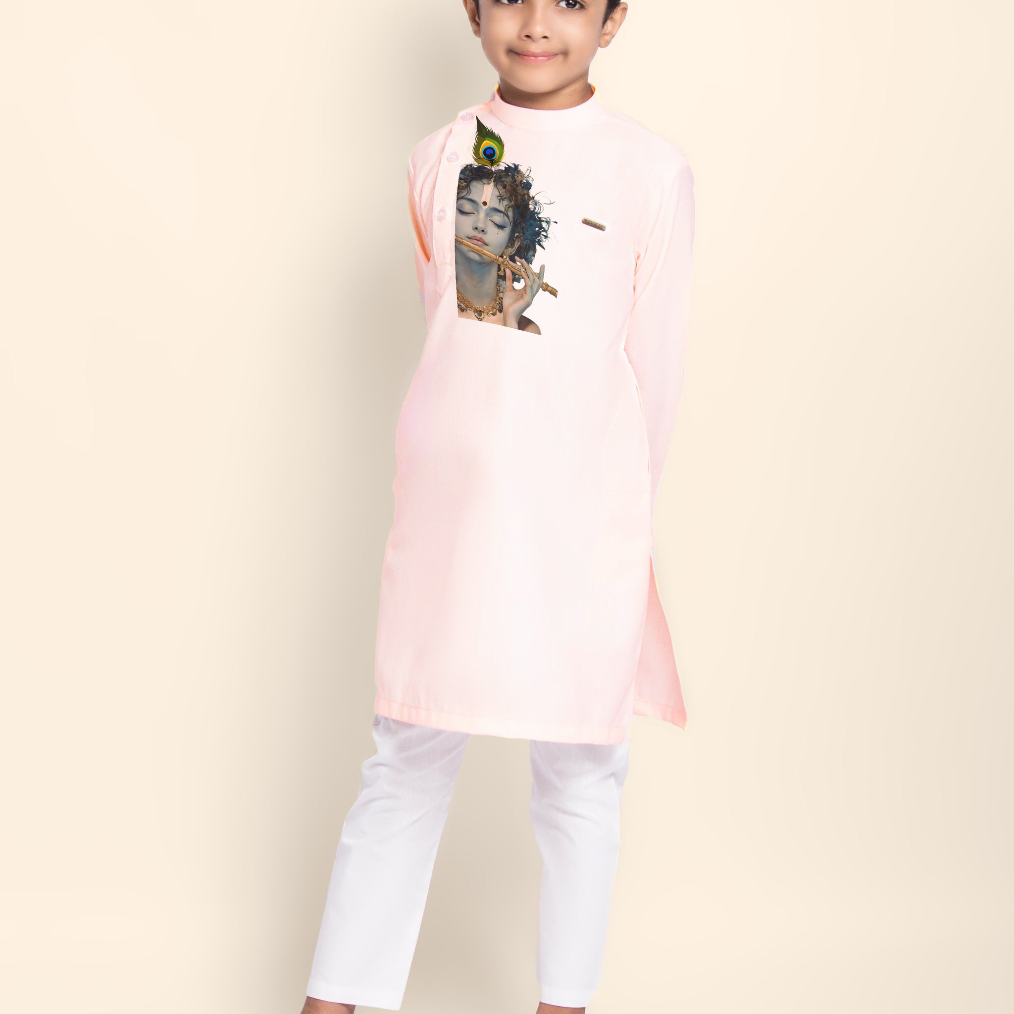 Boys Pink Cotton Kurta Pyjama with Lord Krishna Print
