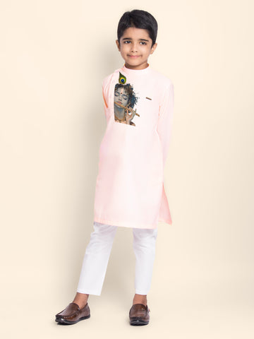 Boys Pink Cotton Kurta Pyjama with Lord Krishna Print