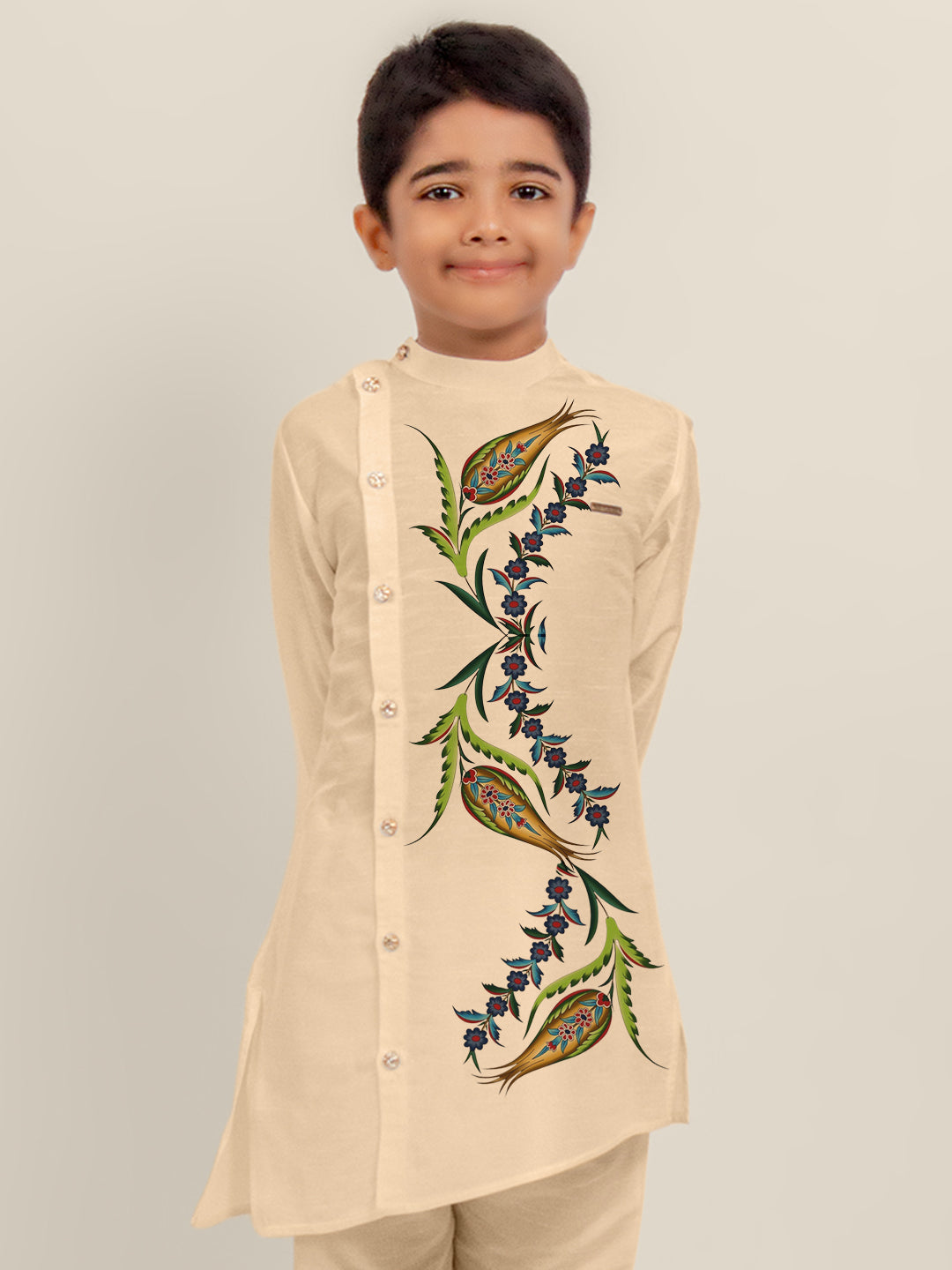Boys Beige Printed Dupion Silk Kurta Set