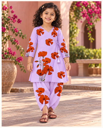 Girls' Purple Cotton Kurti with Tulip pant Set – Printed