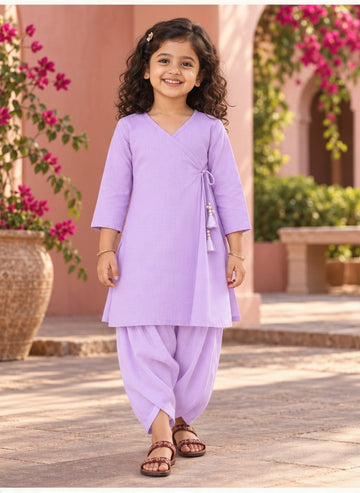 Girls' Purple Cotton Kurti with Tulip pant Set – Solid