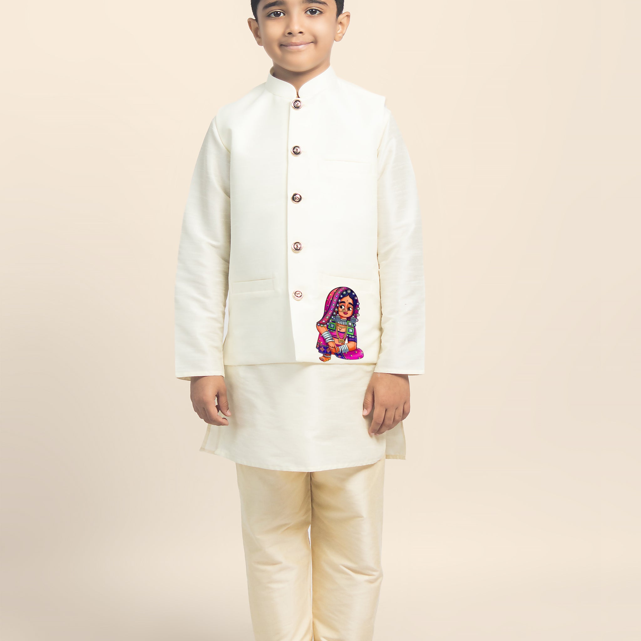 Boys White Printed Kurta & Pyjama Set With Nehru Jacket