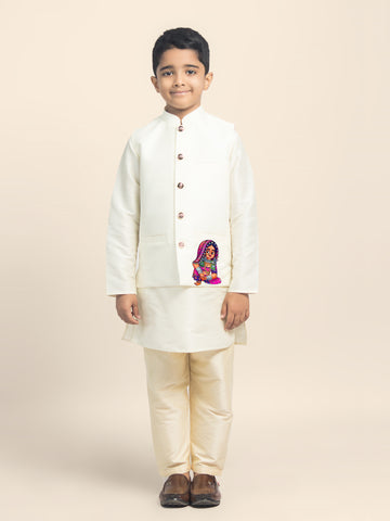 Boys White Printed Kurta & Pyjama Set With Nehru Jacket