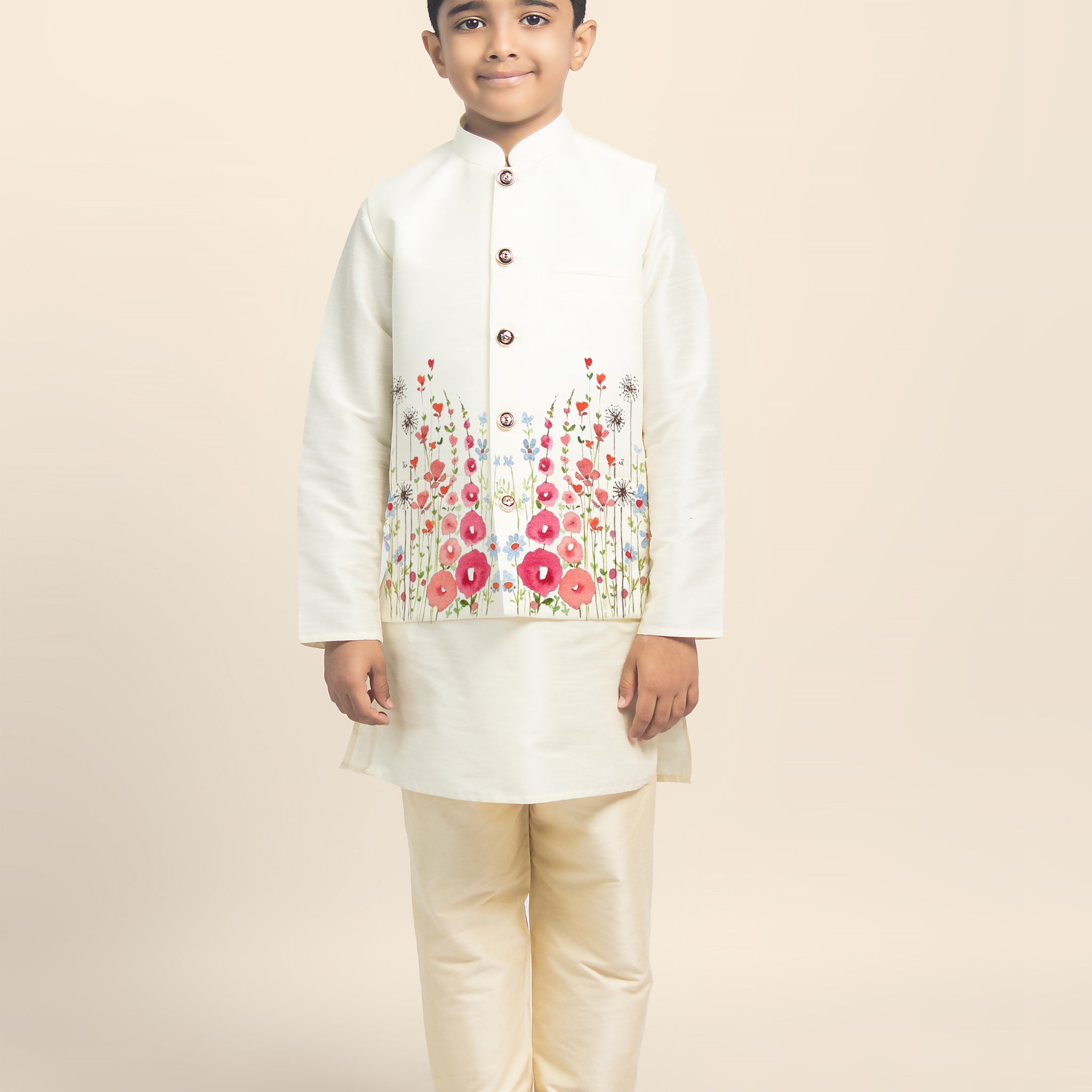 Boys White Printed Kurta & Pyjama Set With Nehru Jacket