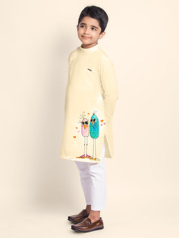 Boys Beige Printed Kurta With Pyjama