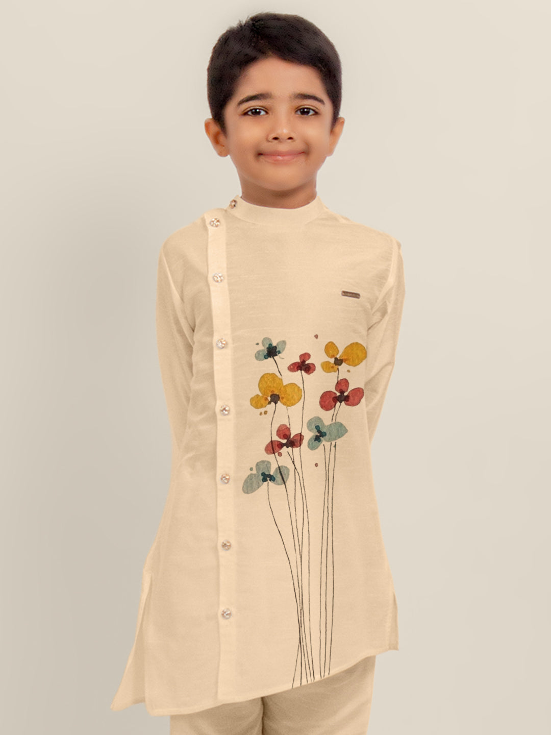 Boys Beige Printed Dupion Silk Kurta Set