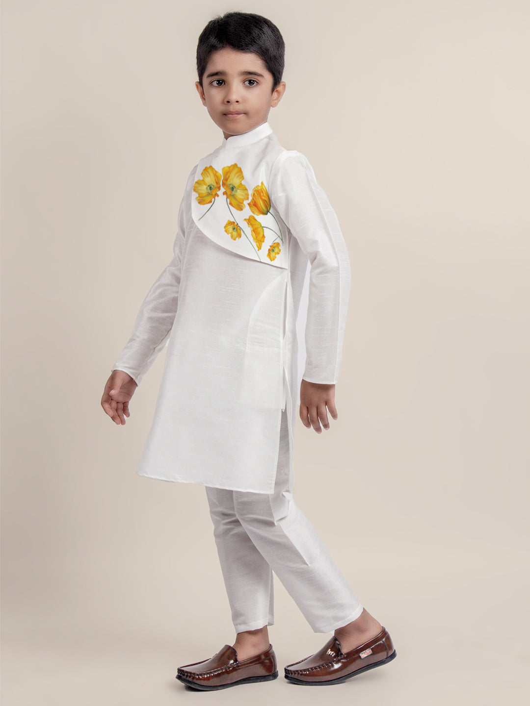 Boys White Printed Kurta with Pyjama Set