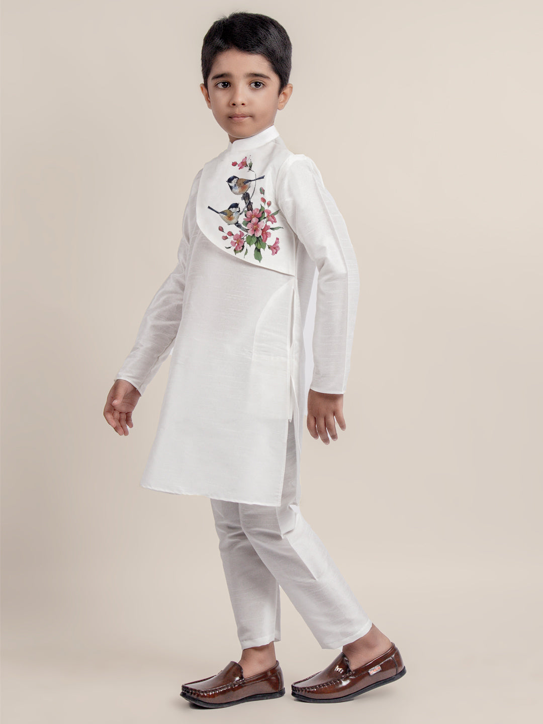 Boys White Printed Kurta with Pyjama Set