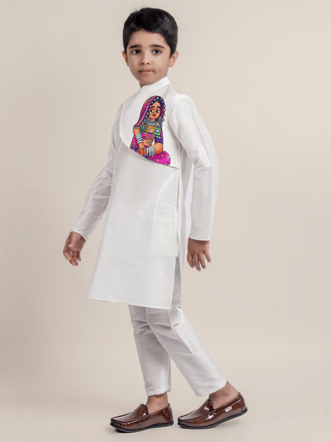 Boys White Printed Kurta With Pyjama Set