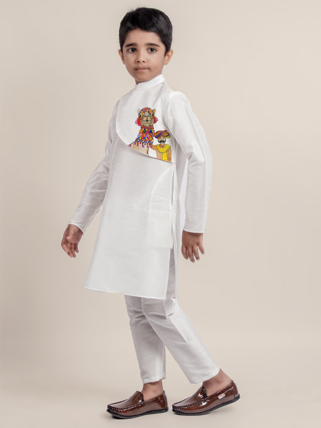 Boys White Printed Kurta With Pyjama Set