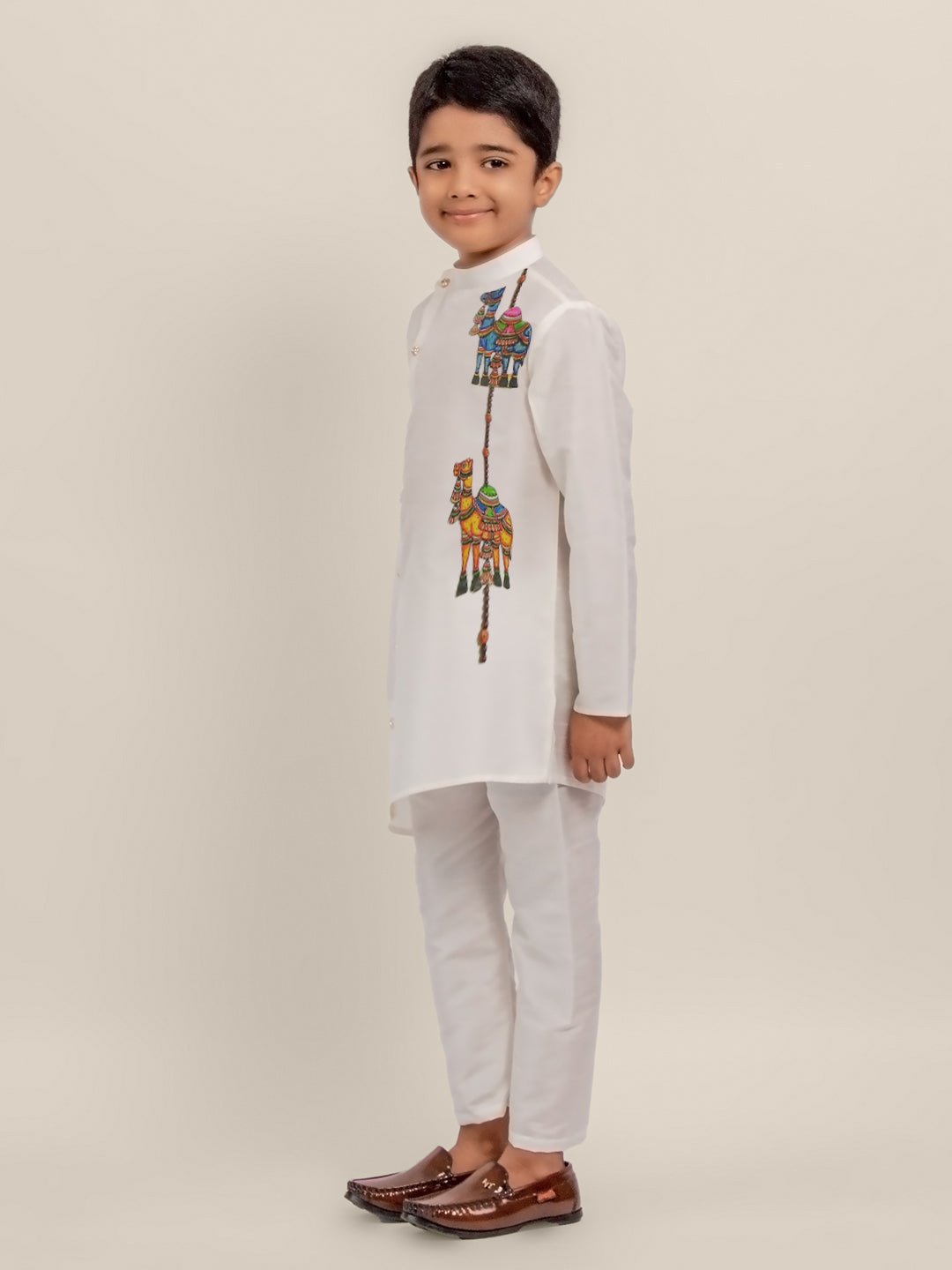 Boys White Printed Kurta With Pyjama Set
