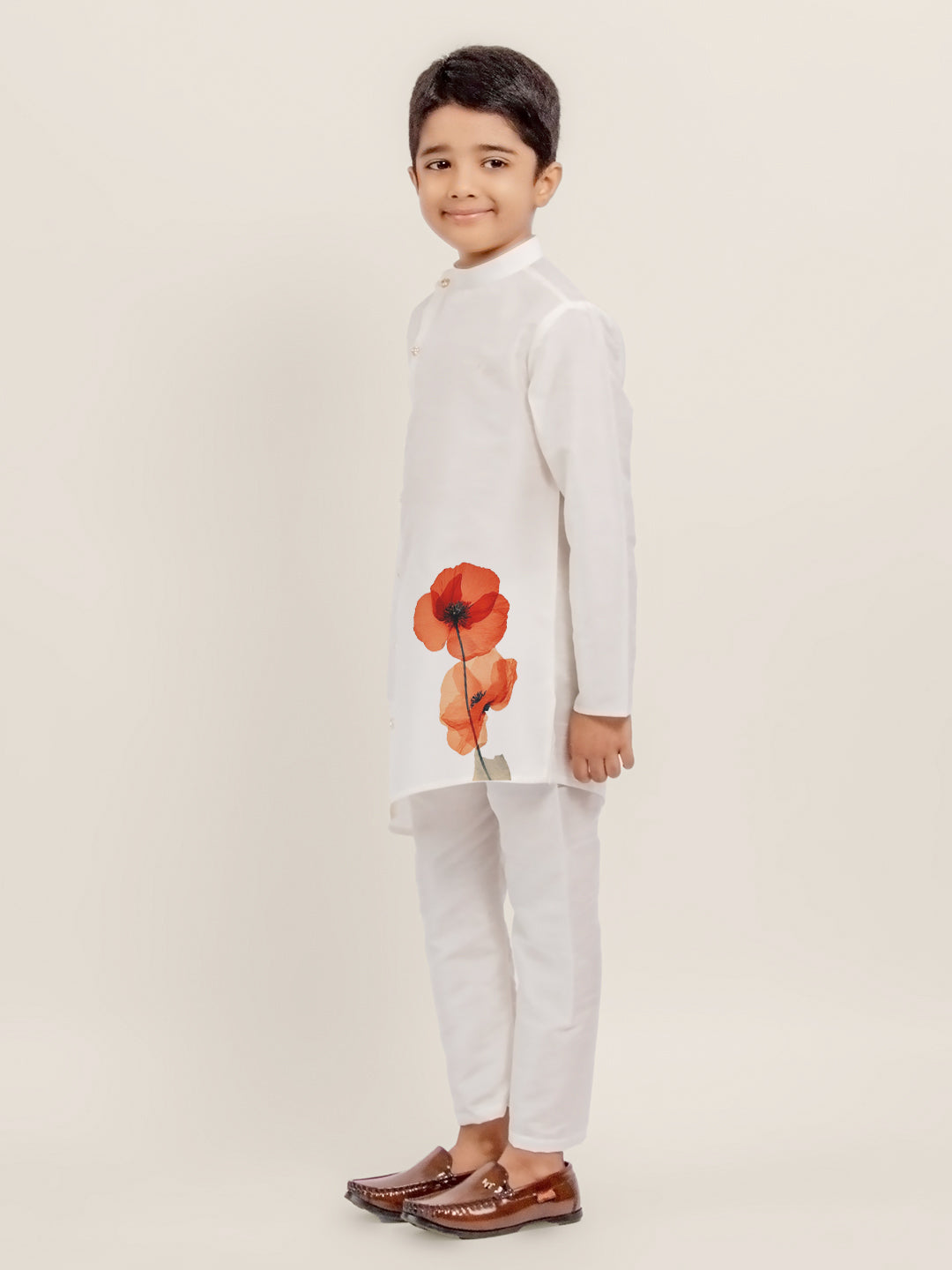 Boys White Printed Kurta With Pyjama Set