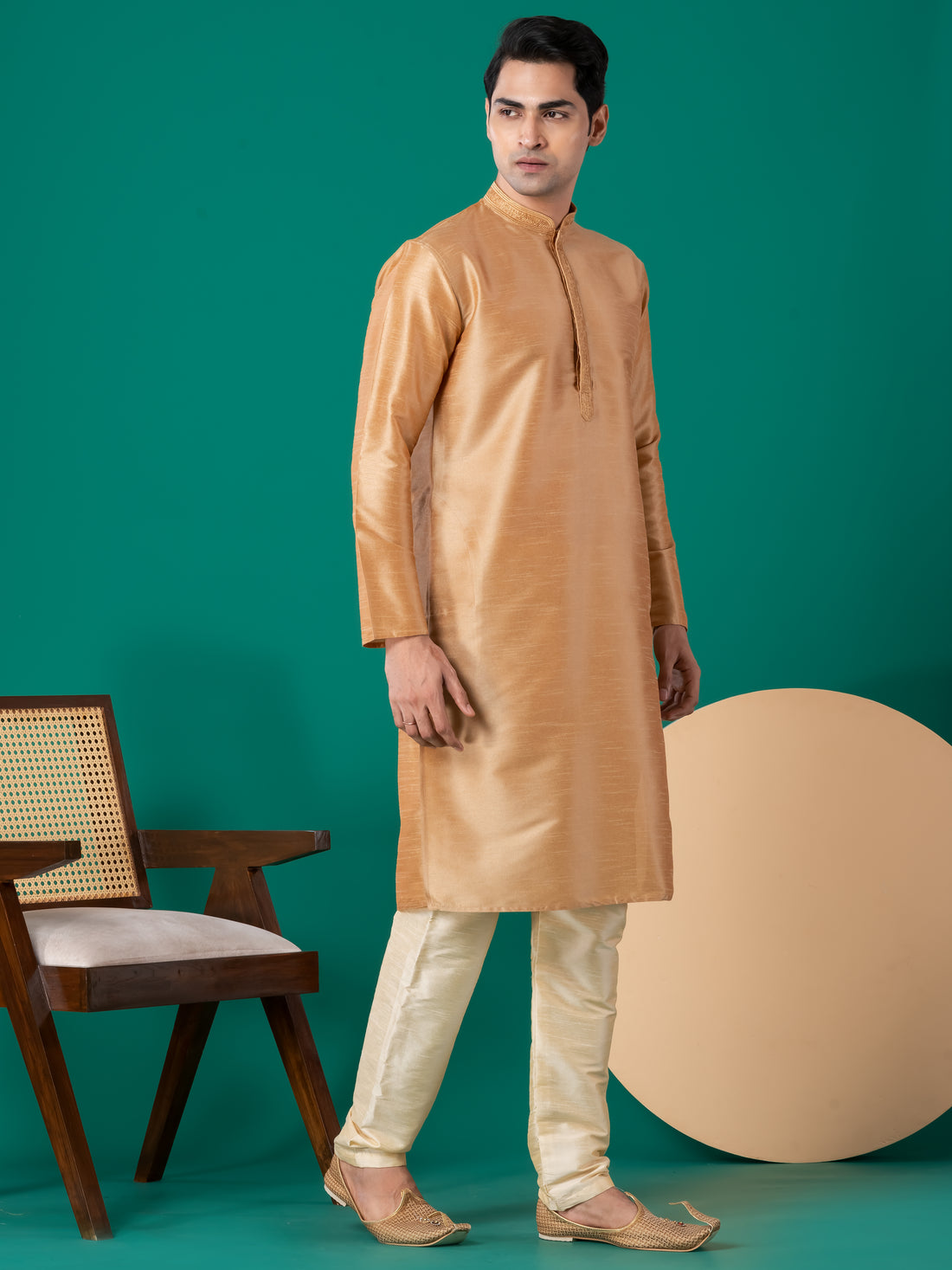 Woven Design Mandarin Collar Straight Kurta With Pyjama Set